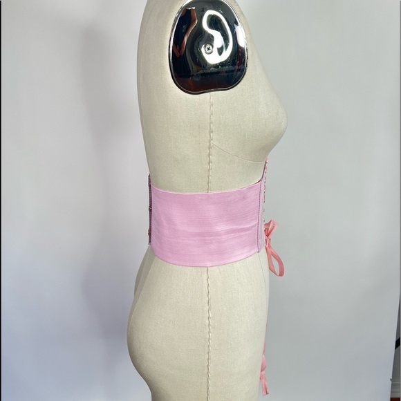 Vintage pink lace Y2K cinch waist underbust lolita corset with Dior ribbon - Picture 4 of 7